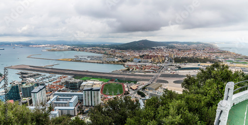 A panorama view from the rock above the runway of Gibraltar on a spring day