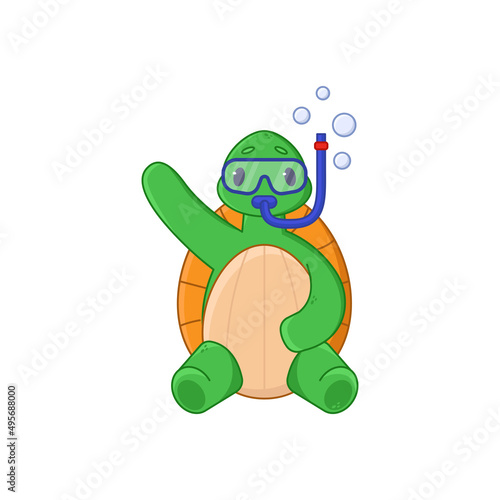 Cute turtle cartoon character with goggles and snorkel sticker. Comic tortoise snorkeling or swimming underwater flat vector illustration isolated on white background. Emotions, animals concept