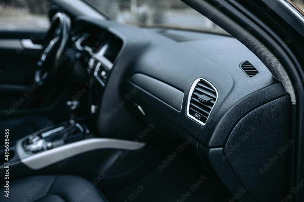 Car air conditioning systems and airbag panel. Interior detail of auto. Copy space background