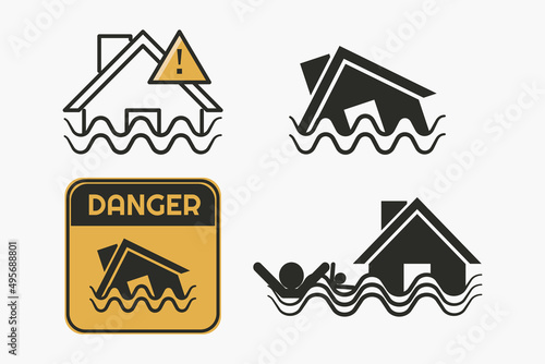Flood warning alert sign. Flat style illustration. 