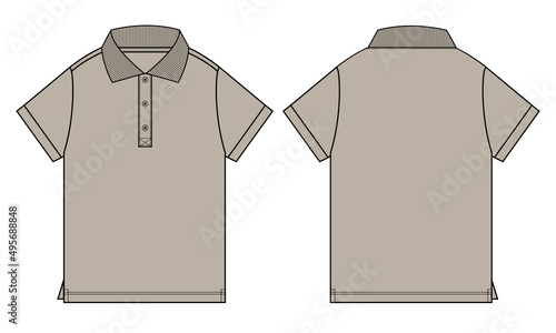 Polo Shirt Technical Fashion Flat Sketch vector illustration template front and back view isolated on white background. Men's and boys fashion polo t shirt Khaki Color mock up CAD.
