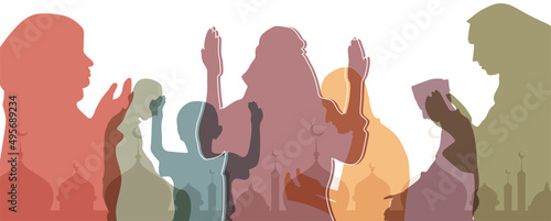 Silhouette of muslim men and woman praying, ramadan kareem