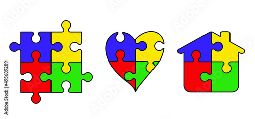 Cartoon autism ribbon. Vector world awareness day. Puzzle line pattern. puzzle pieces icon or pictogram. Autism spectrum disorder (ASD) is a neurological and developmental disorder with social skills.