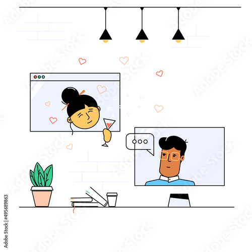 Romantic communication on a dating site of a man and a woman of different nationalities online.Virtual communication at a distance during quarantine.Stock vector illustration of cartoon lovers.