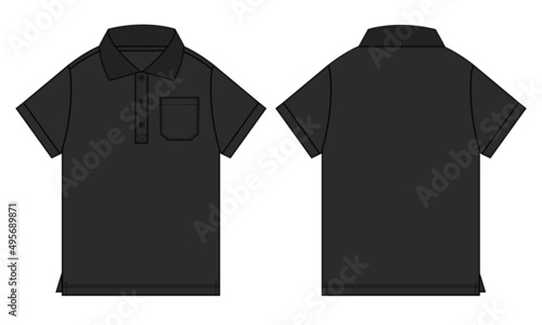 Polo Shirt Technical Fashion Flat Sketch vector illustration template front and back view isolated on white background. Men's and boys fashion polo t shirt black mock up CAD.