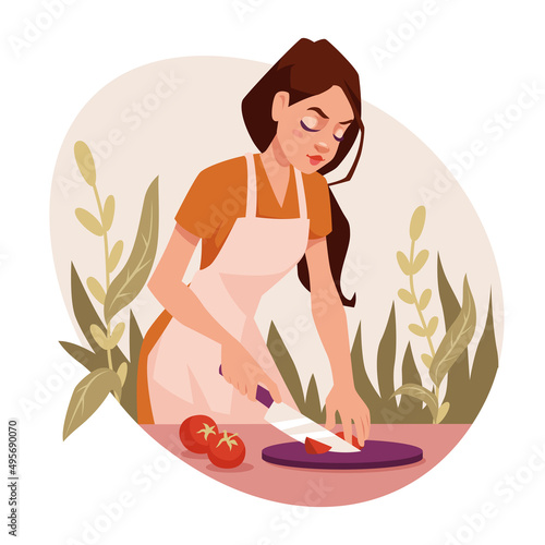 Young girl preparing dinner. Woman prepares salad,  cut tomatoes knife on a cutting board. Meal, lunch or dinner. Housekeeping concept. Women routine, everyday life concept. Vector illustration.