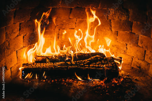 Burning fireplace  wood logs  cozy warm home