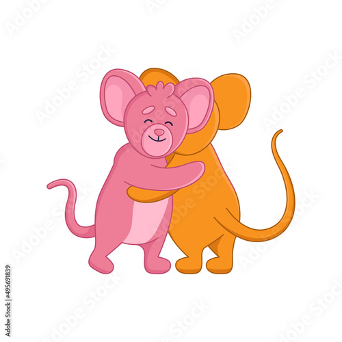 Happy pink mouse cartoon character hugging friend sticker. Adorable rat characters embracing, friendship flat vector illustration isolated on white background. Emotions, animals concept
