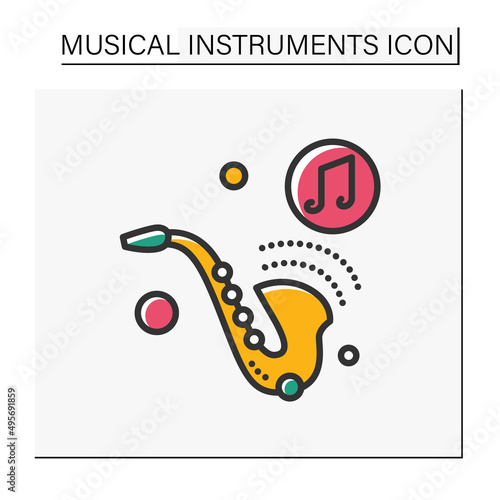 Saxophone color icon. Classical woodwind orchestral instrument. Classical, ethnic and modern music. Music from different countries. Isolated vector illustration