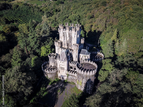 Butron Castle in northern spain. Droneshot of a lost place. photo
