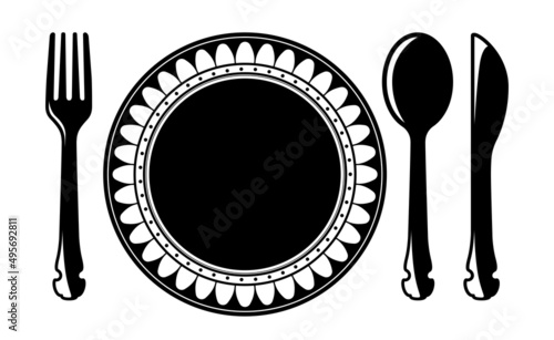 Set of vintage tableware with fork, spoon, knife, sunflower design plate icon design. Antique table utensil set isolated on white, to use in restaurant menu, advert and flyer.
