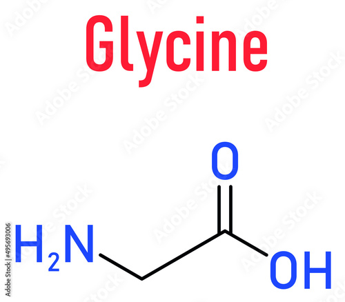 Glycine (Gly, G) amino acid molecule. Skeletal formula.