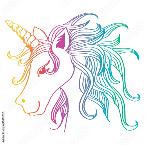 Unicorn horse animal drawing illustration. Soft colored.