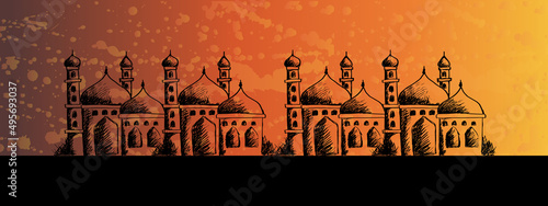 Islamic banner with silhouette mosque design