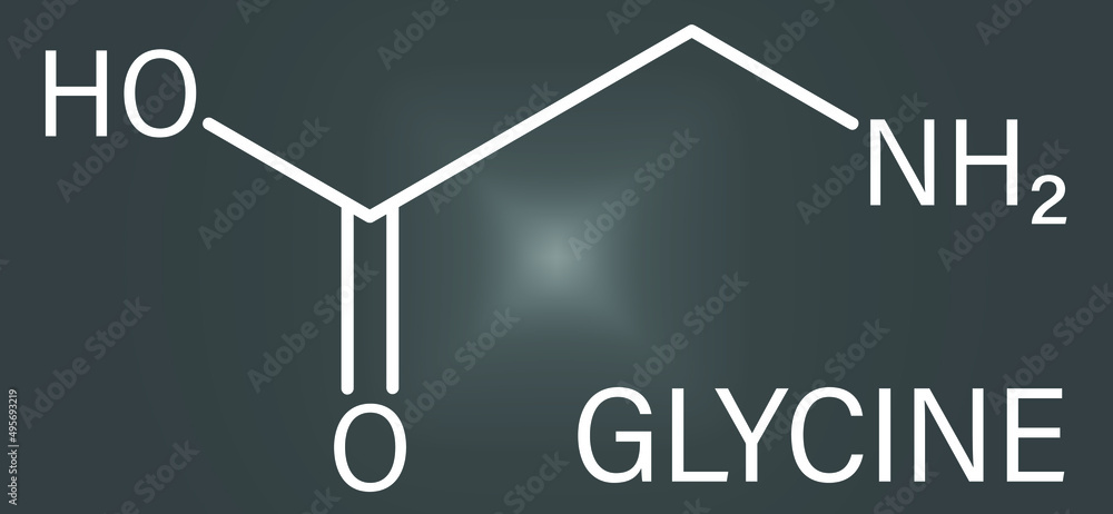 Glycine (Gly, G) amino acid molecule. Skeletal formula. Glycine (Gly, G) amino acid molecule. Skeletal formula.