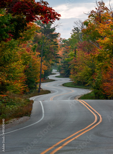 Obraz na plátně Bumpy curvy road through an autumn forest in Door County, Wisconsin, the USA at