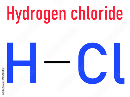 Hydrogen chloride (HCl) molecule, chemical structure. Highly corrosive mineral acid; Acid component of gastric juice (stomach acid). Skeletal formula.