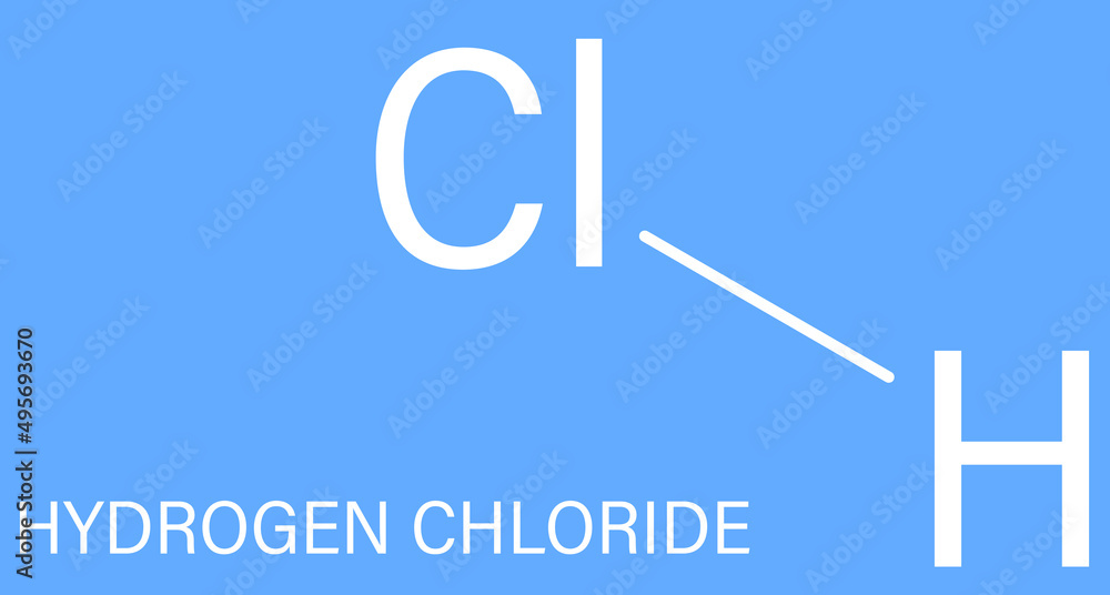 Hydrogen chloride (HCl) molecule, chemical structure. Highly corrosive mineral acid; Acid