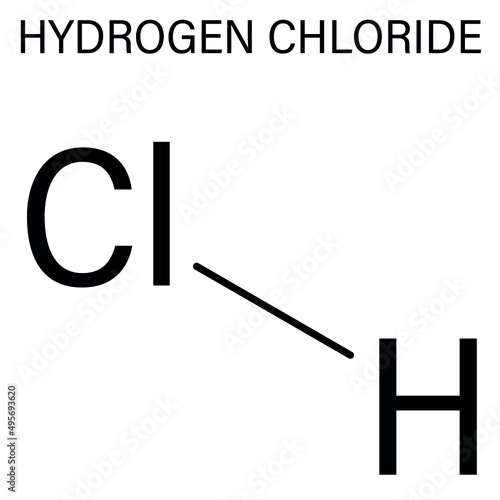 Hydrogen chloride (HCl) molecule, chemical structure. Highly corrosive mineral acid; Acid component of gastric juice (stomach acid). Skeletal formula.