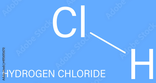 Hydrogen chloride (HCl) molecule, chemical structure. Highly corrosive mineral acid; Acid component of gastric juice (stomach acid). Skeletal formula.