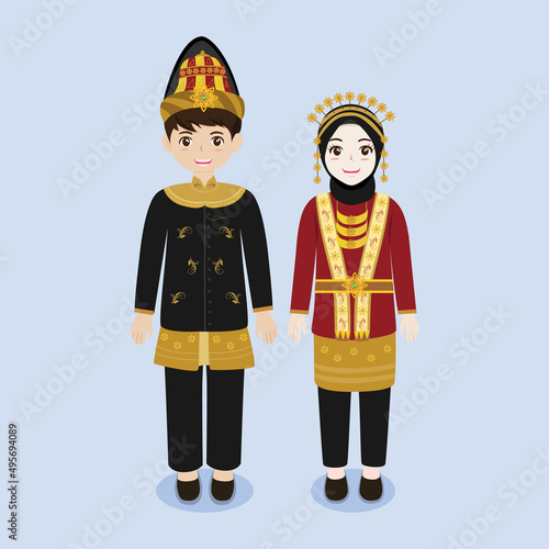 Indonesian Couple Wearing Aceh Traditional Costume Vector Illustration.