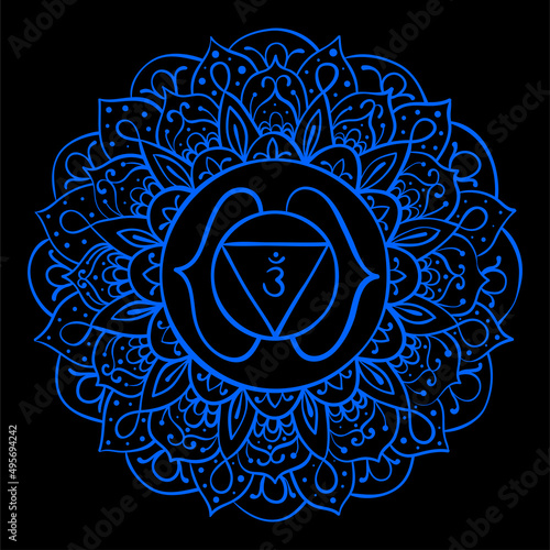 Ajna art. The sixth frontal chakra. Third eye. Vector indigo blue symbol. Hand drawn sloppy style. Meditation sign