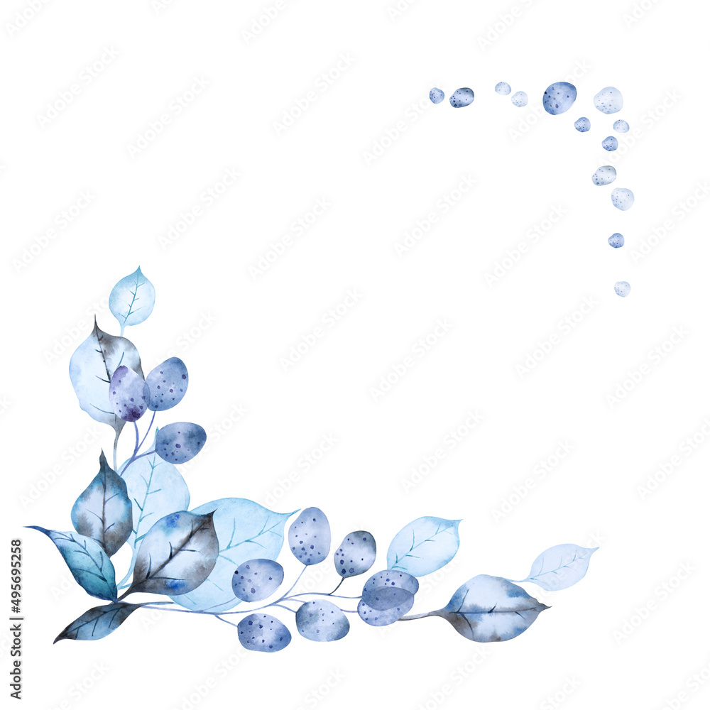Two corner frame with abstract blue leaves isolated on white background. Hand drawn watercolor. Copy space. Two corner frame with abstract blue leaves isolated on white background. Hand drawn watercolor. Copy space.