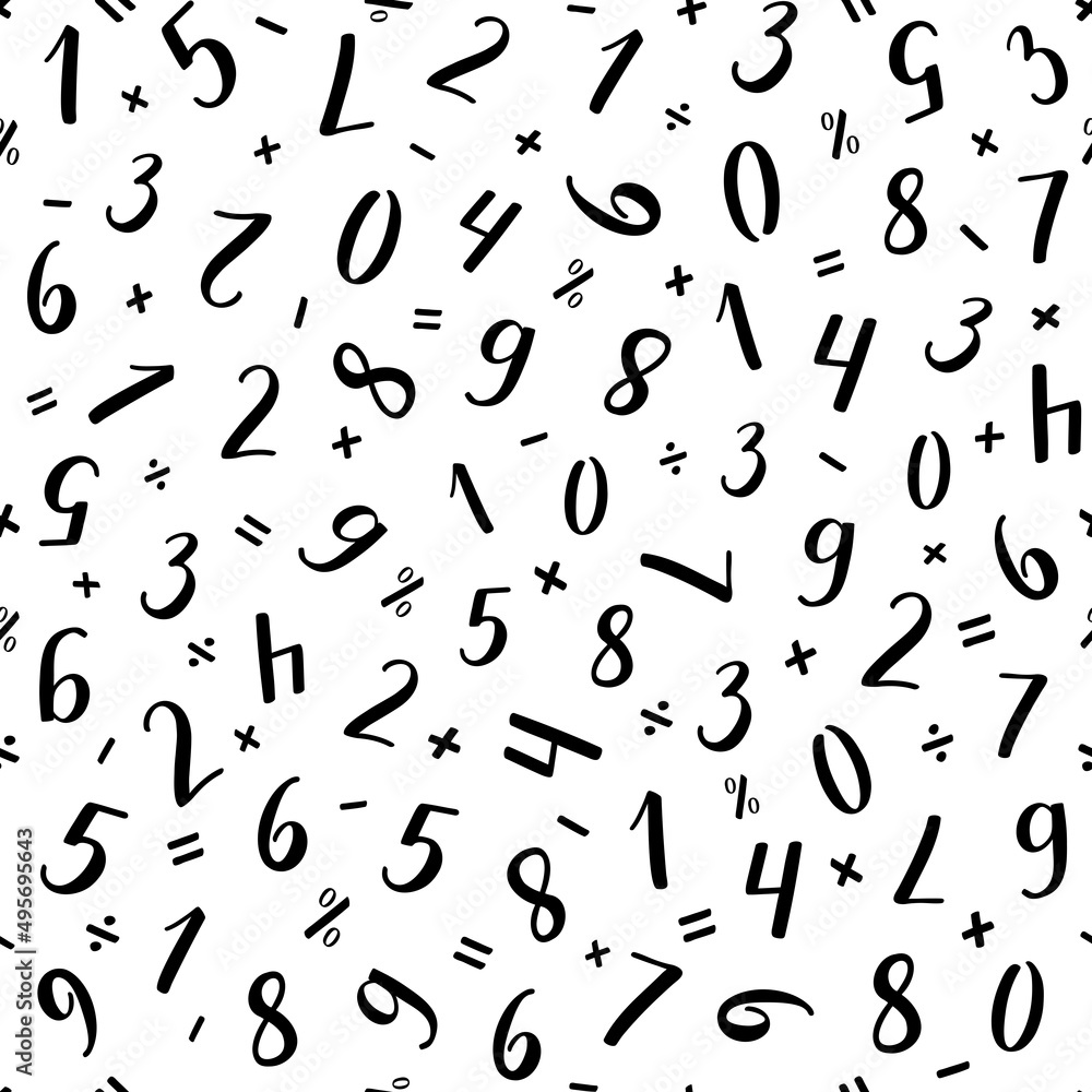 Numeral vector seamless pattern. Handwritten lettering modern brush calligraphy. Hand-drawn figures 1, 2, 3, 4, 5, 6, 7, 8, 9, 0 and mathematical symbols. Black numbers with thick and thin lines. Numeral vector seamless pattern. Handwritten lettering modern brush calligraphy. Hand-drawn figures 1, 2, 3, 4, 5, 6, 7, 8, 9, 0 and mathematical symbols. Black numbers with thick and thin lines.
