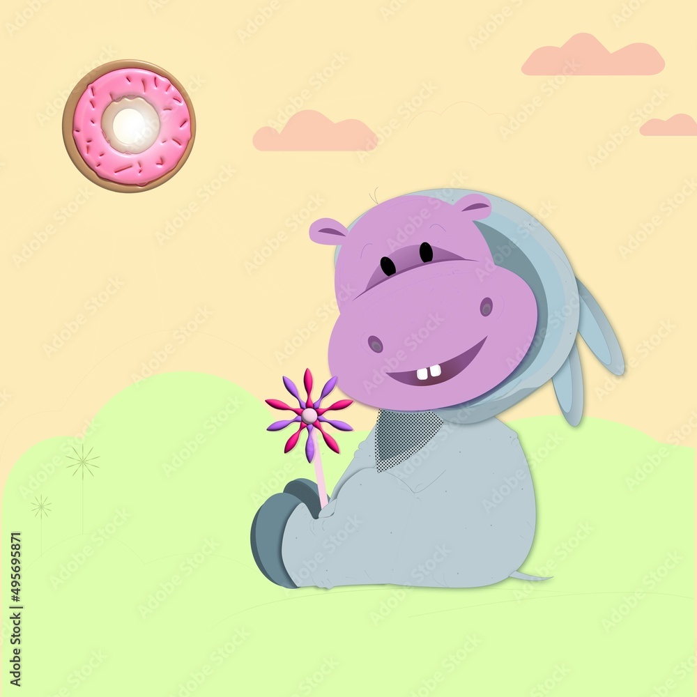 Fototapeta premium little hippopotamus in a bunny costume, children's card, sun, mood