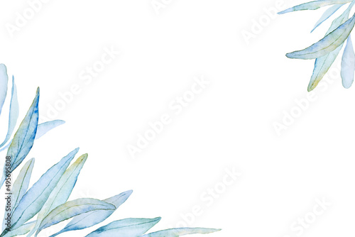 Two corner frame with delicate fantasy blue green colorful leaves on white background. Hand drawn watercolor. Copy space.