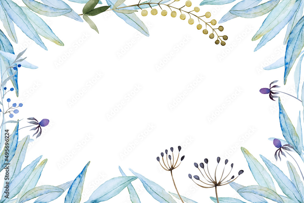 Floral frame with delicate fantasy abstract leaves and herbs on white background. Hand drawn watercolor. Copy space. Floral frame with delicate fantasy abstract leaves and herbs on white background. Hand drawn watercolor. Copy space.