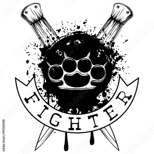 Vector illustration brass knuckle on crossed daggers and grunge background. Inscription fighter. For tattoo or t-shirt design.