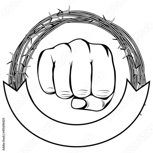 Vector illustration barbed wire and fist. For tattoo or t-shirt design.