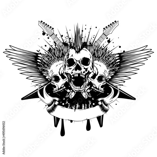Vector illustration three punk skull with mohawk haircut and crossed guitars on grunge background. Design for t-shirt or poster print