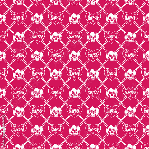 Vector illustration cartoon crossed bones and emo girl skull with hair. Hearts with inscription love and stars. Seamless purple background. For t-shirt design or print on textile.