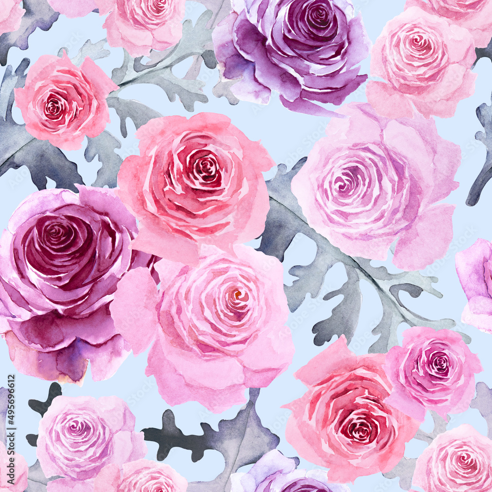 Seamless pattern of pink, lilac and purple roses with leaves on light blue background. Hand drawn watercolor.