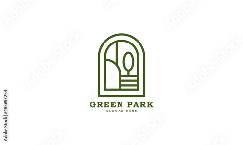 Residential logo with building cottage simple line art design. Sign symbol for resort, park, garden and outdoor recreation. Modern minimalist wooden cabin cottage logo icon.