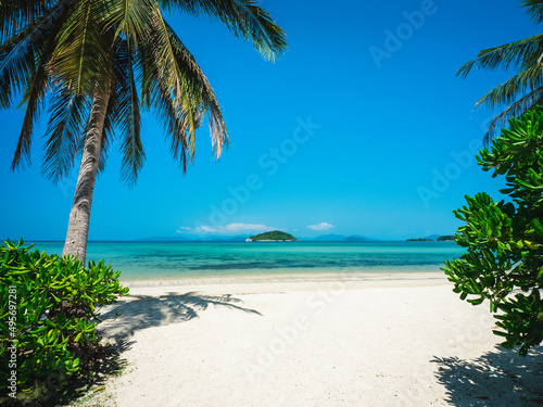 Scenic view of Koh Mak Island s peaceful crystal clear turquoise water bay with coconut palm tree foreground and Koh Kham Island at horizon. Koh Mak Island  Trat  Thailand.