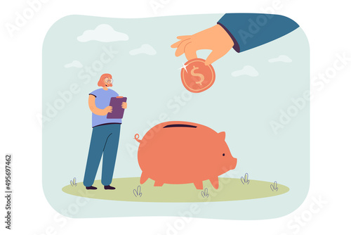 Huge hand putting coin into piggy bank flat vector illustration. Tiny girl with clipboard counting her savings, investing money. Economy, finance concept for banner, website design or landing web page