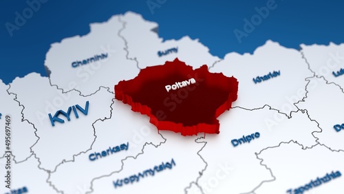 Foto Stylish 3D map of Ukraine with Poltava region at focus highlighted in red