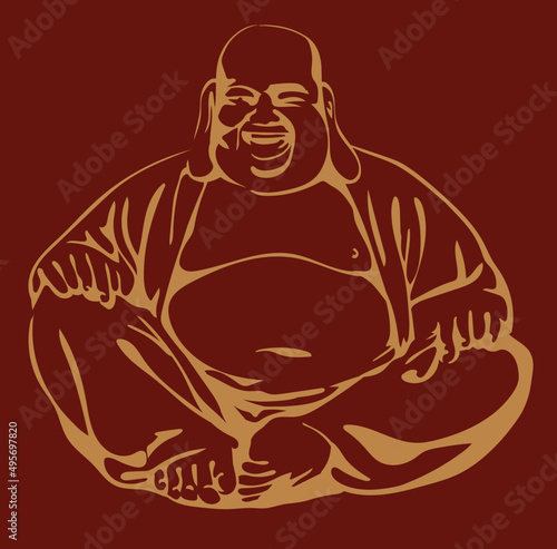 laughing fat buddha, lucky sidharta, line art vector illustration, gold on red