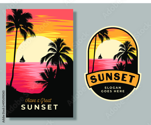 sunset holiday poster badge illustration