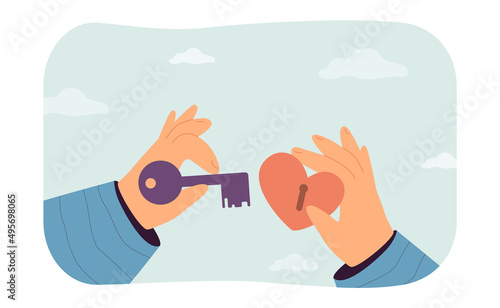 Hands opening heart lock with key flat vector illustration. Searching for way to beloved heart or offering of marriage. Love, relationship concept for banner, website design or landing web page