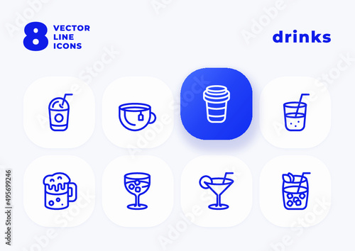 Eight vector line icons for non-alcoholic and alcoholic drinks, such as coffee, tea, beer, wine and also cocktails.