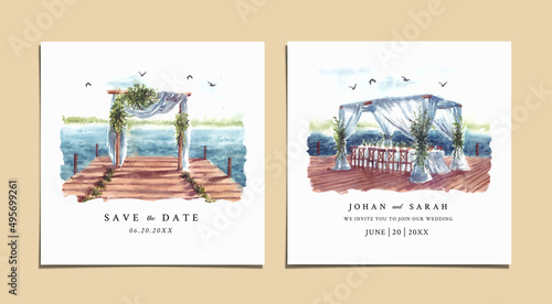Wedding invitation of nature landscape with wedding gate on dock and lake view watercolor