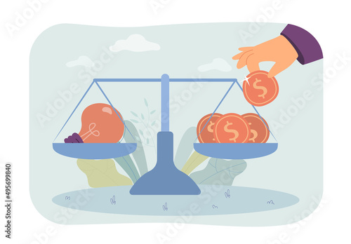 Coins and lightbulb on scales flat vector illustration. Evaluating value of creative idea. Balance between startup project and finance. Money concept for banner, website design or landing web page