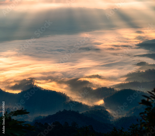 Beautiful golden sunrise shining on mountain with foggy in the valley at national park