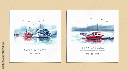 Watercolor wedding invitation of nature landscape with boat on sea 