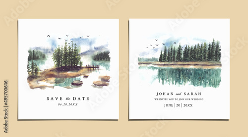 Wedding invitation with reflection of beautiful pine trees in lake watercolor
