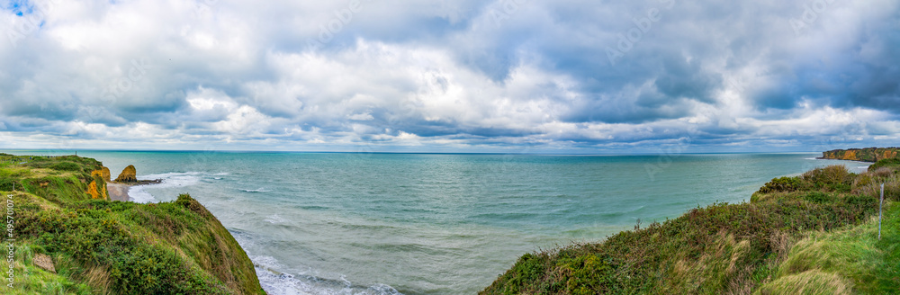 A panoramic photo at Pointe du Hoc on the Normandy coast in northern France (near the town of Saint-Pierre-du-Mont) where the Americans landed in 1944 via rope ladders